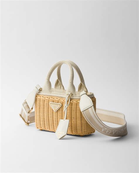 Tan/white Mini Wicker And Linen Blend Tote Bag 